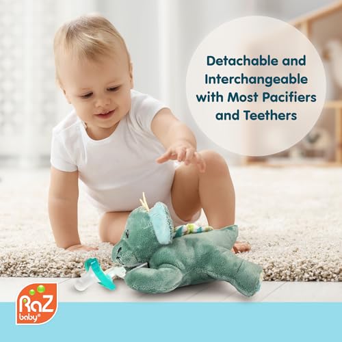 RaZbaby JollyPop Pacifier, Holder w/Detachable Baby Pacifier, Stuffed Animal RaZbuddy, All Ages 0M+, 100% Medical Grade USA Made Silicone, Machine Washable, Textured & Easy to Hold – Dragon