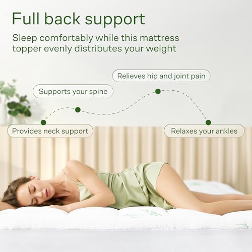 Ultra Soft Queen Size Mattress Topper - Viscose Made from Bamboo Pillow Top Mattress Pad for Back Pain Relief - Naturally Cooling for Hot Sleepers, Green