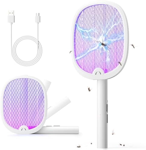 YISSVIC Electric Fly Swatter Foldable Bug Zapper Racket 2 in 1 Mosquito Killer with Purple Attractant Light Rechargeable 1800mAh for Indoor Home Backyard Patio Camping