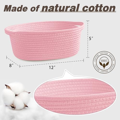 Pro Goleem Small Woven Basket with Gift Bags and Ribbons Durable Baskets for Gifts Empty Small Rope Basket for Storage 12"X 8" X 5" Baby Toy Basket with Handles, Pink