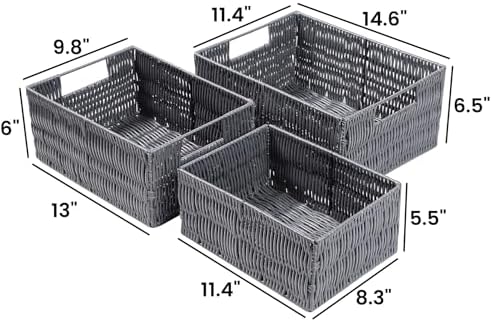 Plastic Wicker Basket Set of 3, Handmade Storage Basket for Organizing with Handles, Storage Bins for Home Kitchen Countertop, Shelf Organizer, Waterproof, Gray