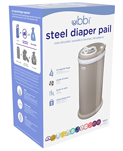 Ubbi Stainless Steel Diaper Pail, Odor Locking, No Special Bag Required, Award-Winning, Registry Must-Have, Taupe