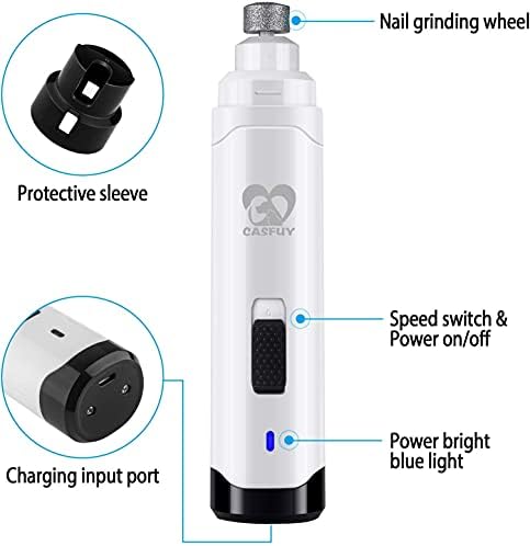 Casfuy Dog Nail Grinder Upgraded - Professional 2-Speed Electric Rechargeable Pet Nail Trimmer Painless Paws Grooming & Smoothing for Small Medium Large Dogs & Cats (White)