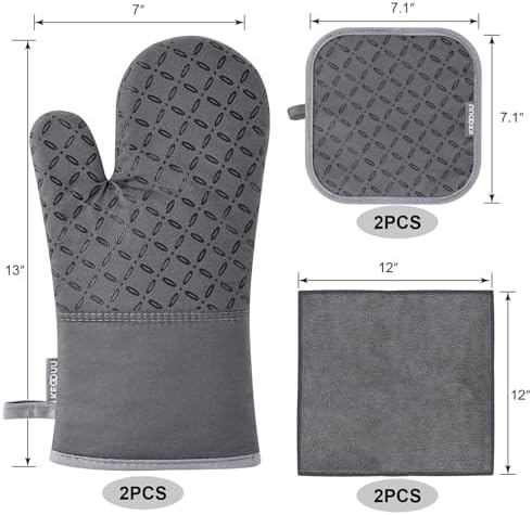 KEGOUU Oven Mitts and Pot Holders 6pcs Set, Kitchen Oven Glove High Heat Resistant 500 Degree Extra Long Oven Mitts and Potholder with Non-Slip Silicone Surface for Cooking (Grey)