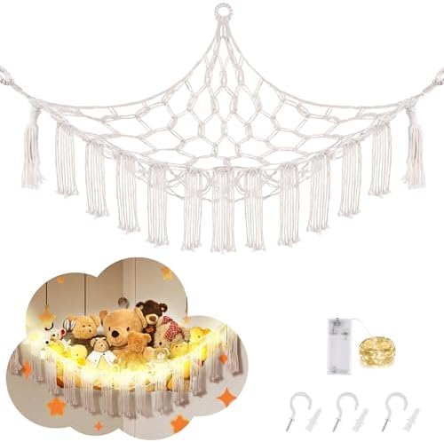 Stuffed Animal Hammock with LED Light, Jumbo Toy Hammock for Stuffed Animals Storage for Kids Room Decor, Stuffed Animal Hammock Corner, White