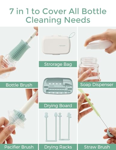 Momcozy Bottle Brush Set - Baby Bottle Cleaner Kit with Silicone Brush, Nipple Brush, Straw Brush, Soap Dispenser, Drying Rack - 7 in 1 Bottle Cleaning Tool for Home and Travel