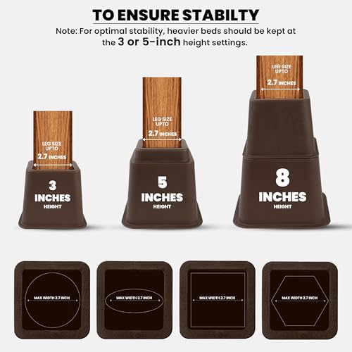 Utopia Bedding Adjustable Bed Furniture Risers - Elevation in Heights 3, 5 or 8 Inch Heavy Duty Risers for Beds and Under Bed Storage - Supports up to 1,300 lbs - (Set of 8 Riser, Brown)