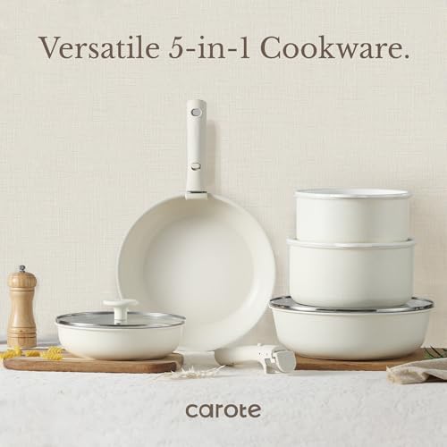 CAROTE 19pcs Pots and Pans Set Non Stick, Cookware Sets, Kitchen Set, Oven/Fridge Safe, Space Saving Pots Set, Nonstick Cooking Set with Versatile Detachable Handle, Induction RV Set, Cream White
