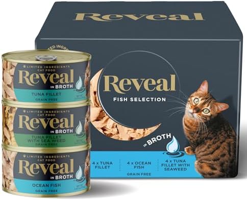 Reveal Natural Wet Canned Cat Food, Limited Ingredient, Grain-Free, Protein with No Artificial Additives, Fish Variety in Broth (12 x 2.47 oz Cans)