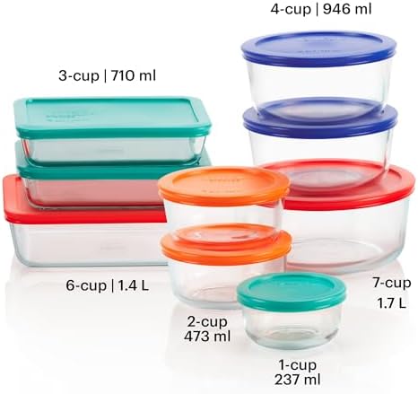 Pyrex Simply Store 9-Pack Mixed Sized Glass Food Storage Set, Round & Rectangular Containers With Lids, BPA-Free, Dishwasher & Microwave Safe