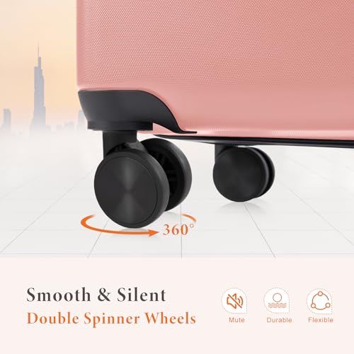 Sweetcrispy Carry on Luggage, Hard Shell ABS, Double Spinner Wheels Lightweight Suitcase TSA Lock, Light Pink, 3-PCS Set (20/24/28 Inch)