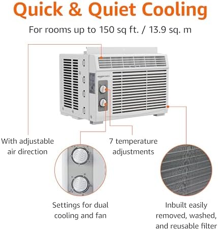 Amazon Basics 5000-BTU Small Window Air Conditioner, Up to 150 Sqf, Window AC Units with Cool and Fan Functions, Washable Filter, Adjustable Window Kit, Intuitive Mechanical Controls, White