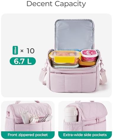BAGSMART Insulated Lunch Bags for Women, Cute Quilted Lunch Box, Lightweight Puffy Padded Waterproof Lunch Tote, Reusable Lunch Cooler for Work Picnic Travel, Pink