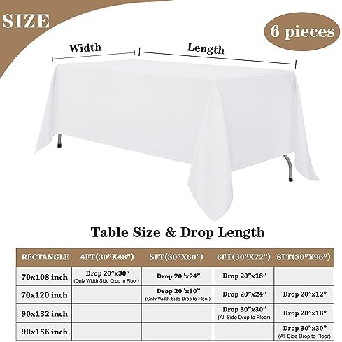Fitable White Tablecloths for Rectangle Tables, 6 Pack - 70 x 120 Inches - Reusable and Washable Table Clothes for 6-8 Ft Tables, Polyester Fabric Table Covers for Wedding, Party, Banquet