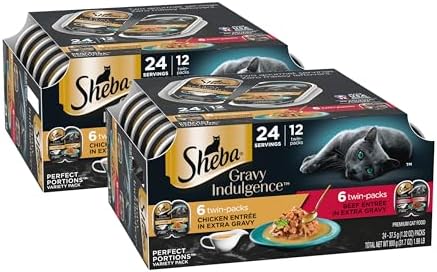 Sheba Gravy Indulgence Adult Wet Cat Food Beef Entree and Chicken Entree in Extra Gravy Variety Pack, 2.6 oz. Twin-Pack Trays (12 Count, 24 Servings) (Pack of 2)