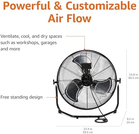 Amazon Basics 20" High Velocity Industrial Fan, Floor Fan, with 3 Speeds, Tilt Head, ETL-Listed Safety Compliance, Metal Housing/Blades, Ideal for Industrial/Commercial Space/Garage/Gym, 125W, Black