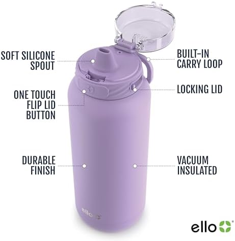 Ello Cooper 22oz Stainless Steel Water Bottle with Straw and Carry Handle, Double Walled and Vacuum Insulated Metal, Leak Proof Locking Lid with Soft Silicone Spout, Reusable, BPA Free, Lilac