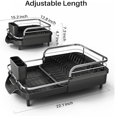 Dish Drying Rack, Expandable Dish Rack for Kitchen Counter, Stainless Steel Dish Drainer with Drainboard Set and Utensil Holder (Black)