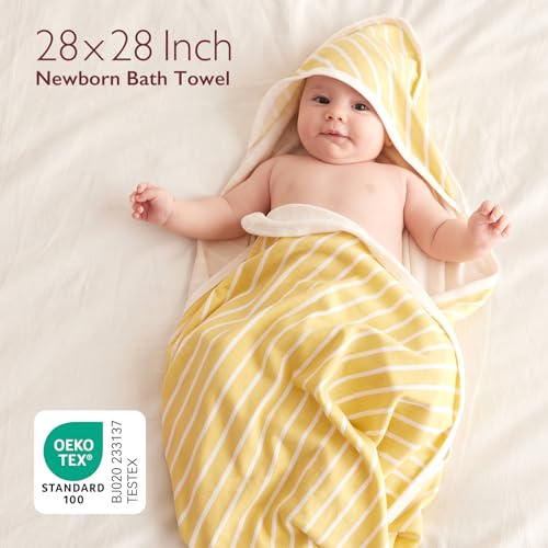Momcozy Baby Hooded Towel, 2 Pack Baby Towel Set, Super Soft Bath Towel with Original Design, Shower Gifts for Infant, Toddler (28 X 28 Inch, Lemon Leaves)