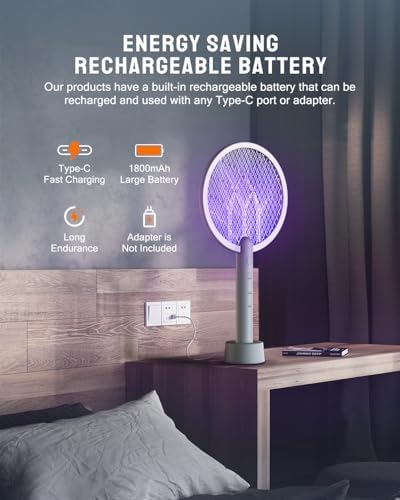 Electric Fly Swatter Racket, Mosiller 2 in 1 Smart Bug Zapper & Power Take Off Generators with USB Rechargeable Base, Powerful Mosquitoes Trap Lamp & Fly Killer for Home, Bedroom (Light GreyοΌ1 PackοΌ)