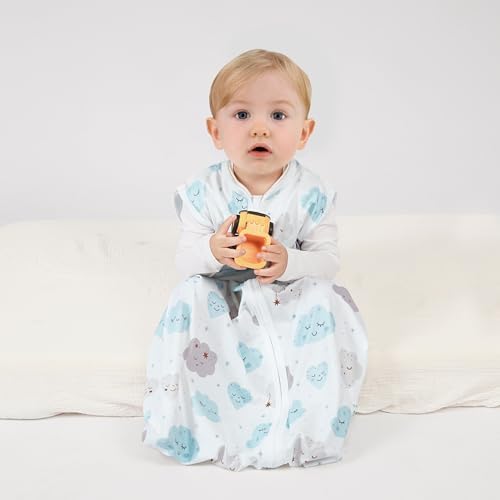3 Pack Baby Sleep Sack 6-12 Months 100% Rayon Cotton Baby Sleeping Bag 2-Way Zipper Toddler Wearable Blankets Comfy Stretchy Lightweight TOG 0.3 (Purple&Clouds&Starry Sky)