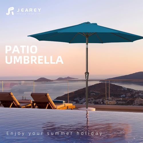 JEAREY 9FT Outdoor Patio Umbrella Outdoor Table Umbrella with Push Button Tilt and Crank, Market Umbrella 8 Sturdy Ribs UV Protection Waterproof for Garden, Deck, Backyard, Pool (Lake Blue)