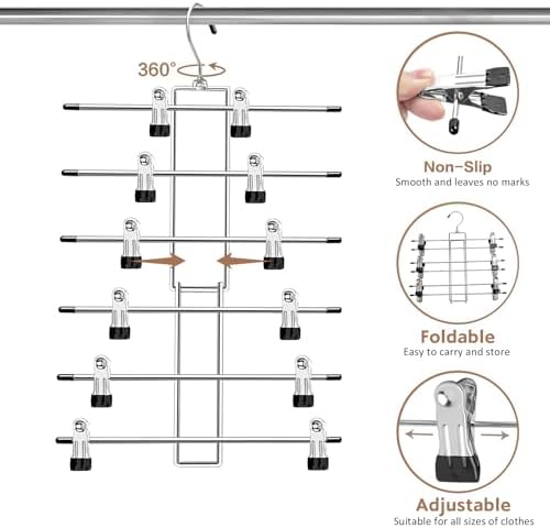 Pants Hangers with Clips,Space Saving Hanging Closet Organizer-6 Tiers Skirt Hangers with 360° Swivel Hook,Closet Organizer-Clothes Hangers- College Dorm Essentials Apartment Essentials-2 Pack