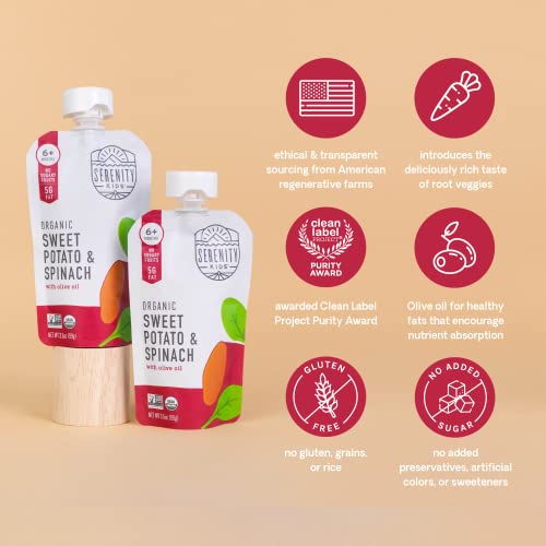 Serenity Kids 6+ Months Veggie Puree Organic Baby Food Pouches - No Added Sugar, Allergen-Free & BPA-Free Baby Snacks - 3.5 Oz, 8 Pack