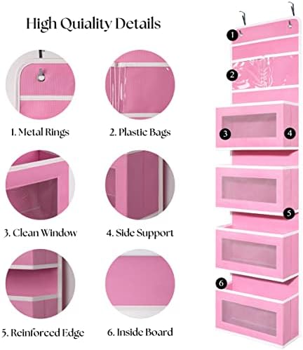 Over Door Organizer with 4 Large Capacity Pockets, Hanging Organizer Storage for Closet Bathroom Nursery Bedroom Dorm, Toys Cosmetics Sundries and Baby Essentials, Pink