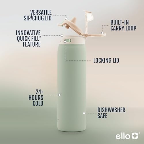 Ello Pop & Fill Stainless Steel Water Bottle with Quick Fill Technology, Double Walled Vacuum Insulated Metal, Leak Proof Locking Lid, Sip & Chug, BPA Free, Holiday Gift for Him Her, 22oz, 32oz, 40oz