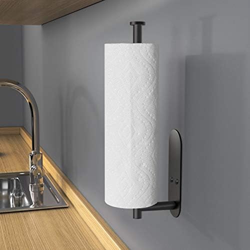 VAEHOLD Adhesive Paper Towel Holder Under Cabinet Wall Mount for Kitchen Paper Towel, Black Paper Towel Roll Holder Stick to Wall, SUS304 Stainless Steel(Black)