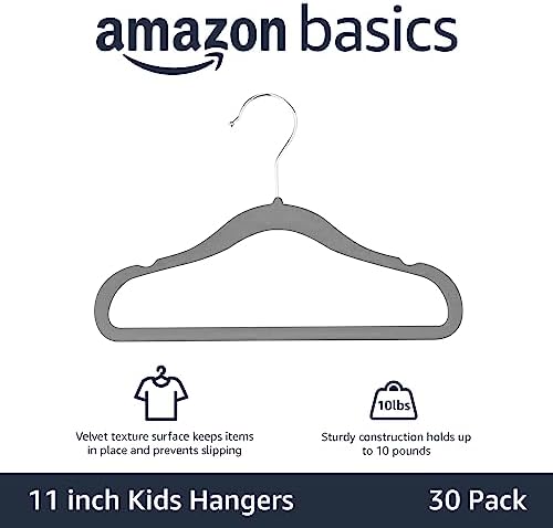 Amazon Basics Kids Velvet, Non-Slip Clothes Hangers (baby/toddler), 11.6 inches (for baby clothes), Pack of 30, Gray
