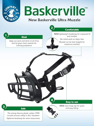 BASKERVILLE ULTRA MUZZLE - Patented Humane Design, Breathable, Dog can Pant and Drink, Adjustable, Padded, Training Muzzle for Medium-sized Dogs, Prevents Biting, Wildlife Scavenging (Size 4, Black)