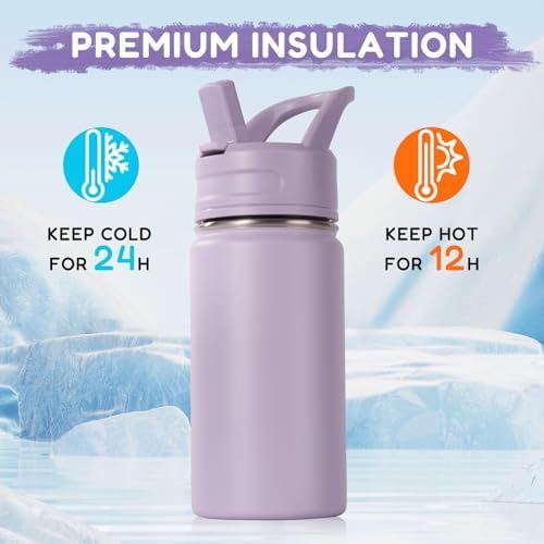 12oz Kids Water Bottle for School, Toddler Bottles with Straws, Stainless Steel Vacuum Insulated Water Bottle for Boys&Girls, Leak-Proof, BPA-Free, Purple