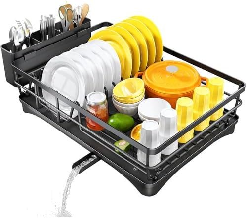 Dish Drying Rack for Kitchen Counter - Large Dish Rack with Drainboard, Rustproof Dish Drainer with Utensil Holder for Sink, Black