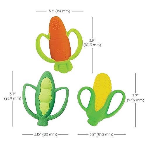 Infantino Lil’ Nibbles Textured Silicone Teethers, BPA-Free Baby Teething Toy, Soft, Easy to Hold, Sensory Stimulation for Infants, Carrot, Corn, Pea Pod, 3-Pack Set