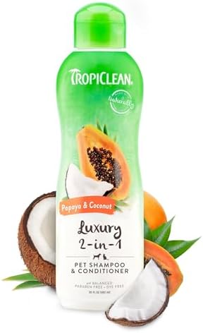 TropiClean 2-in-1 Dog Shampoo and Conditioner, Moisturizing Dog Detangler, Puppy Safe, Made in the USA, Papaya Scent, Cat & Kitten Safe, 20oz.