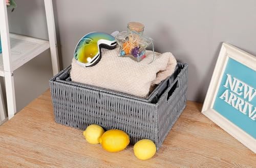 Plastic Wicker Basket Set of 3, Handmade Storage Basket for Organizing with Handles, Storage Bins for Home Kitchen Countertop, Shelf Organizer, Waterproof, Gray
