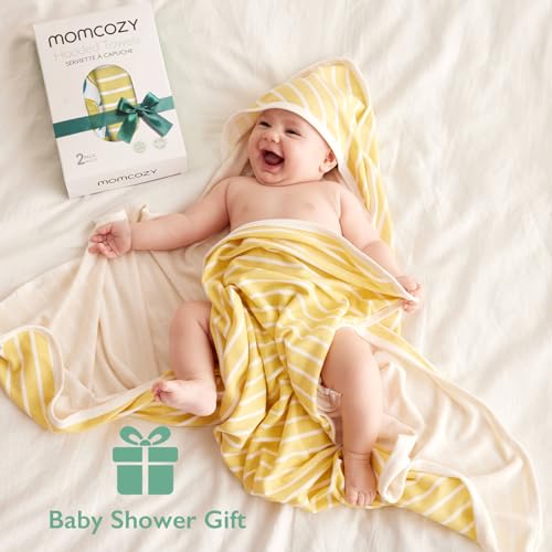 Momcozy Baby Hooded Towel, 2 Pack Baby Towel Set, Super Soft Bath Towel with Original Design, Shower Gifts for Infant, Toddler (28 X 28 Inch, Lemon Leaves)