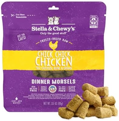 Stella & Chewy's Freeze-Dried Raw Cat Dinner Morsels - Premium Chicken Recipe with 98% Cage-Free Meat & Organs - Natural Grain-Free Cat & Kitten Food - Made in USA - 3.5 oz