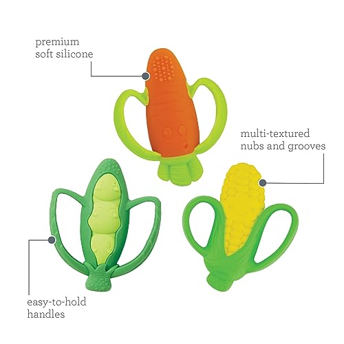 Infantino Lil’ Nibbles Textured Silicone Teethers, BPA-Free Baby Teething Toy, Soft, Easy to Hold, Sensory Stimulation for Infants, Carrot, Corn, Pea Pod, 3-Pack Set