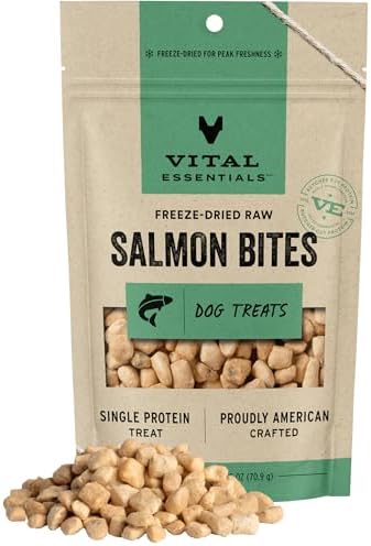 Vital Essentials Salmon Bites Dog Treats, 2.5 oz | Freeze-Dried Raw | Single Protein | Premium Quality High Protein Training Treats | Grain Free, Gluten Free, Filler Free