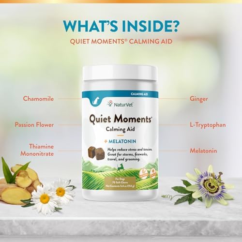 NaturVet Quiet Moments Calming Aid Dog Supplement – Helps Promote Relaxation, Reduce Stress, Storm Anxiety, Fireworks, Motion Sickness for Dogs – Tasty Pet Soft Chews with Melatonin – 70 Ct.
