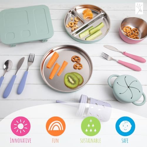 Elk and Friends Stainless Steel Divided Plates with Silicone Sleeve for Babies & Toddlers | Lids Included | Stay Put Suction | Dinner & Snack Plates | 4 Pack