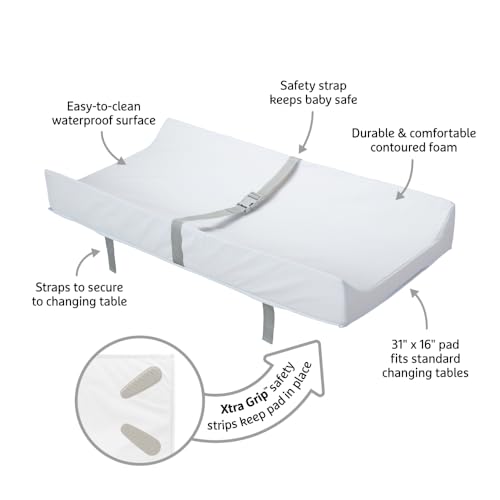 Munchkin Secure Grip Baby Diaper Changing Pad with Cover for Dresser, Waterproof and Wipeable, Contoured, Standard Size (16" x 31"), White