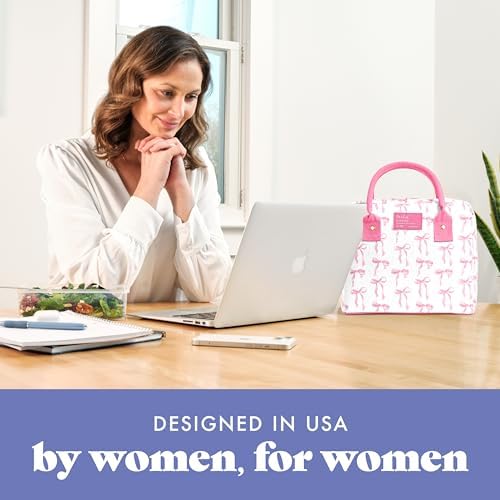Fit & Fresh Bloomington Lunch Bag for Women - Insulated Large Lunch Box for Work with Containers, Leak-Resistant, Stain-Resistant, Zipper Closure, Pink Bows
