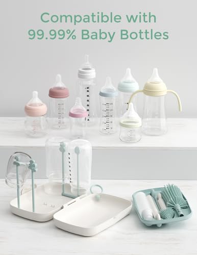 Momcozy Bottle Brush Set - Baby Bottle Cleaner Kit with Silicone Brush, Nipple Brush, Straw Brush, Soap Dispenser, Drying Rack - 7 in 1 Bottle Cleaning Tool for Home and Travel