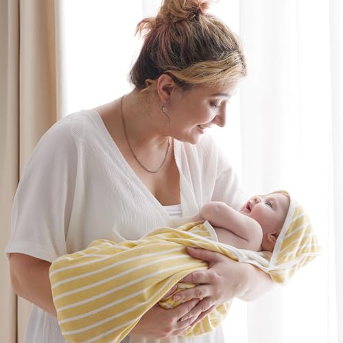 Momcozy Baby Hooded Towel, 2 Pack Baby Towel Set, Super Soft Bath Towel with Original Design, Shower Gifts for Infant, Toddler (28 X 28 Inch, Lemon Leaves)