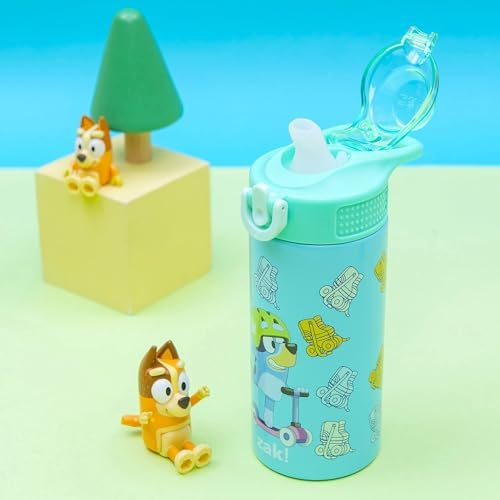 Zak Designs Bluey Sage Kids Water Bottle For School or Travel, 14oz Stainless Steel Water Bottle With Straw, Handle, and Leak-Proof, Pop-Up Spout Cover (Bluey & Bingo)