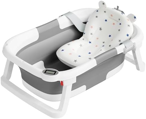 Collapsible Baby Bathtub,Baby Bath Tub with Soft Cushion & Thermometer,Baby Bathtub Newborn to Toddler 0-36 Months,Portable Travel Baby Tub